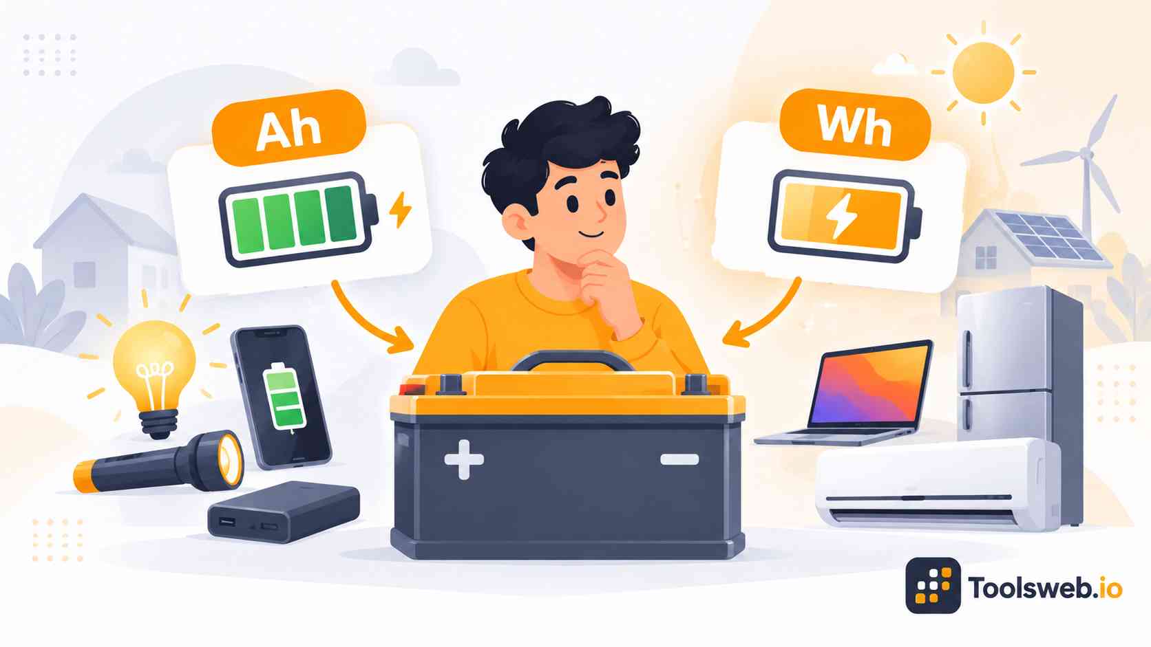 Ah to Wh Converter for converting ampere hours (Ah) to watt hours (Wh) using battery capacity and voltage.