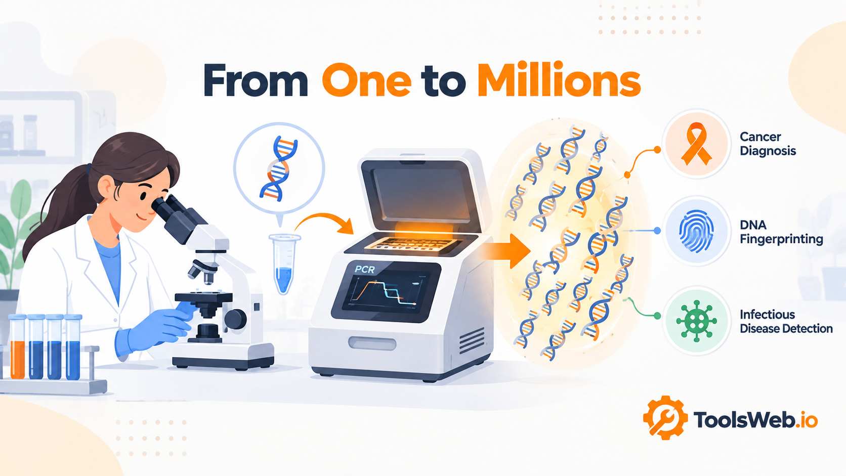 Annealing Temperature Calculator illustration showing PCR amplification from a single DNA molecule to millions of copies, with applications in cancer diagnosis, DNA fingerprinting, and infectious disease detection.