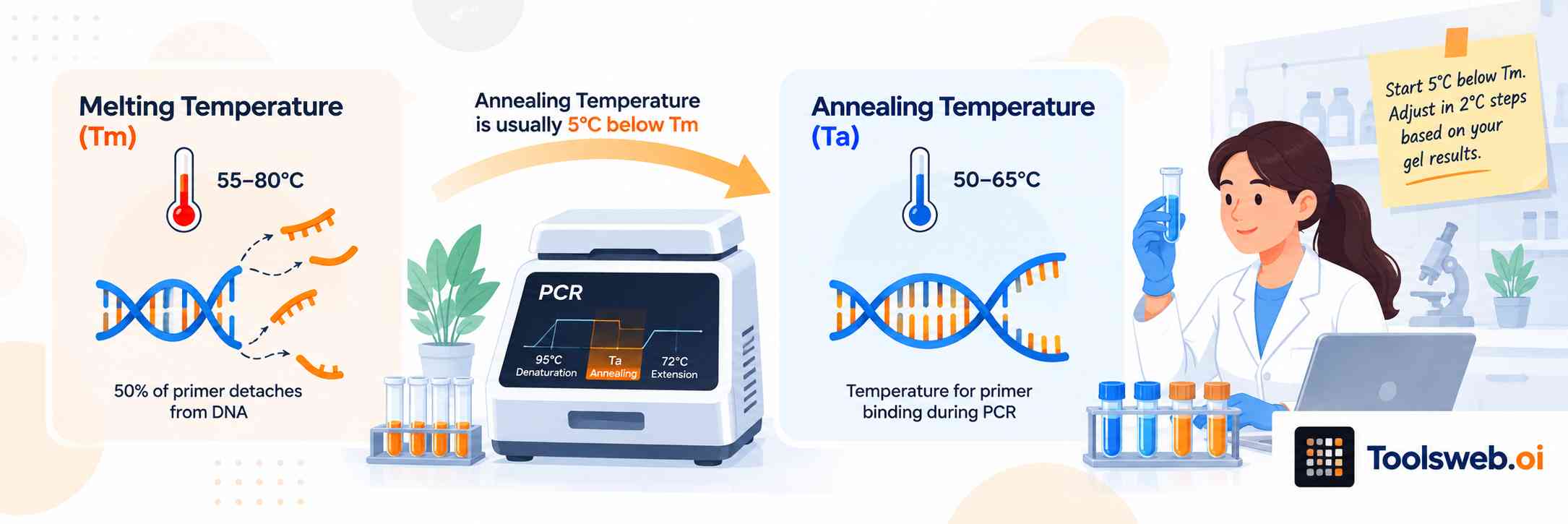 Annealing Temperature Calculator showing the relationship between melting temperature (Tm) and annealing temperature (Ta) during PCR, with DNA primers and a PCR machine.
