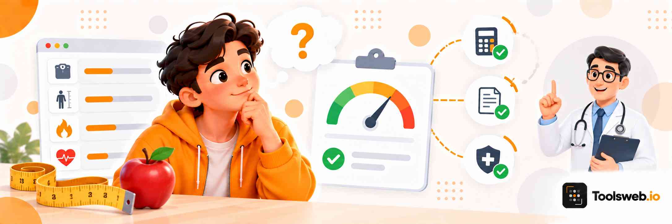 Are Health Calculator Results Accurate, showing a person reviewing health metrics with a health dashboard, measuring tape, apple, calculator, and doctor.