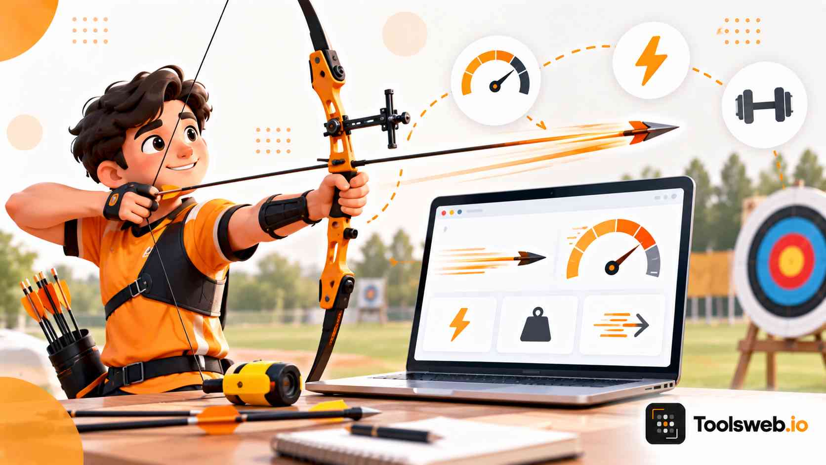Arrow Speed Calculator showing an archer, bow, arrow trajectory, and speed measurement dashboard.