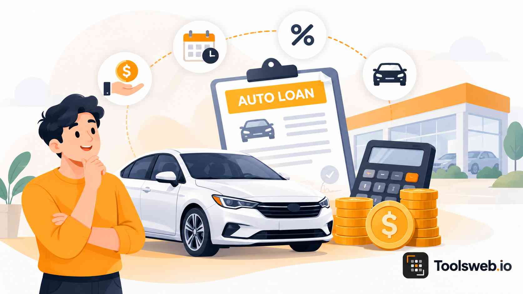 Auto Loan Calculator showing a car loan payment calculation with an auto loan form, interest rate, vehicle, calculator, and money.