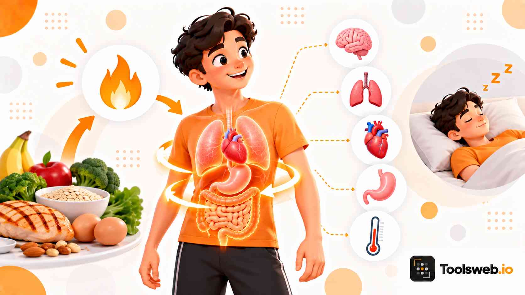 BMR Calculator showing how metabolism, nutrition, body organs, and sleep relate to daily energy needs.