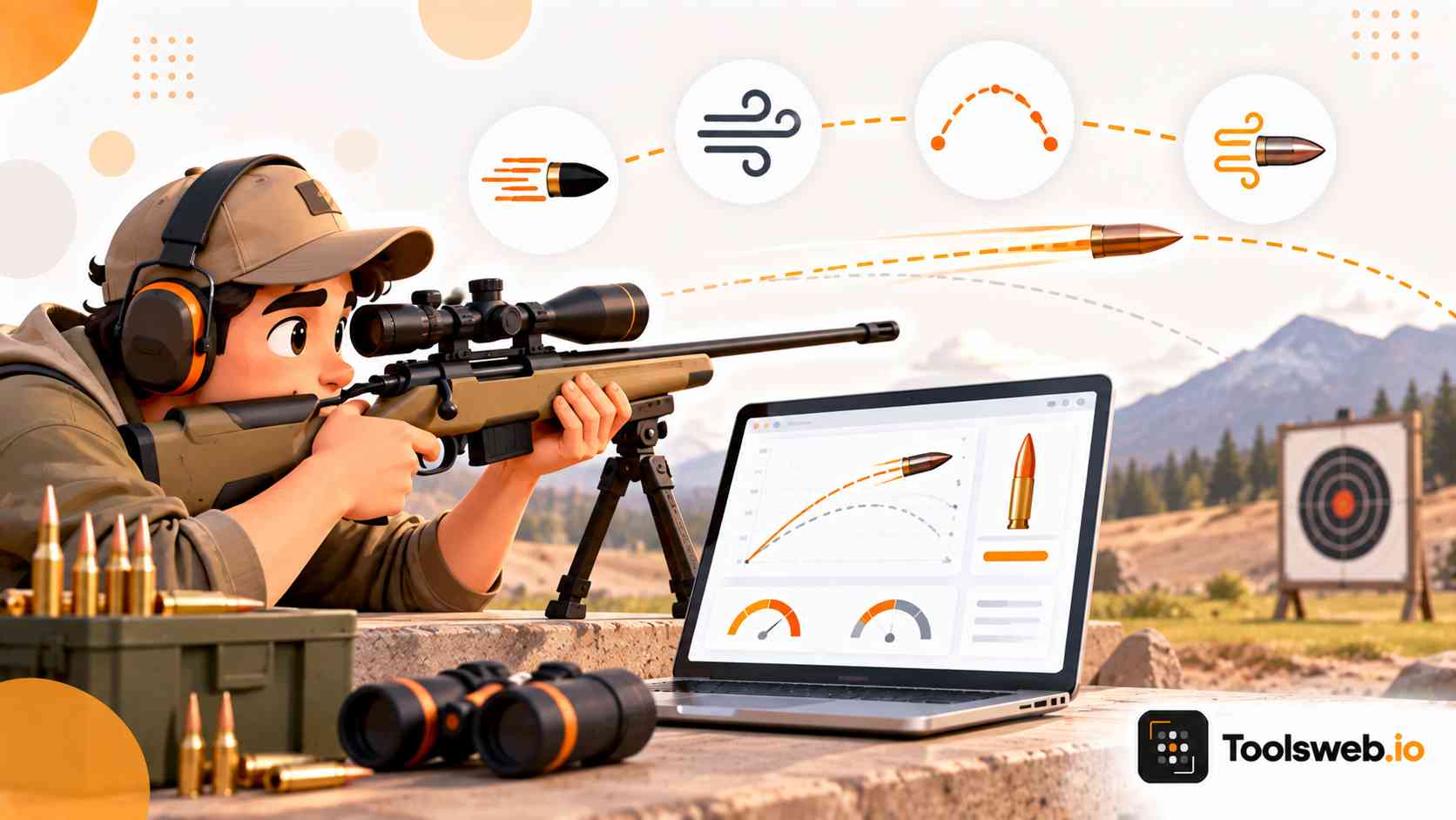 Ballistic Coefficient Calculator showing a rifle, bullet trajectory, target, and ballistic performance data on a laptop.