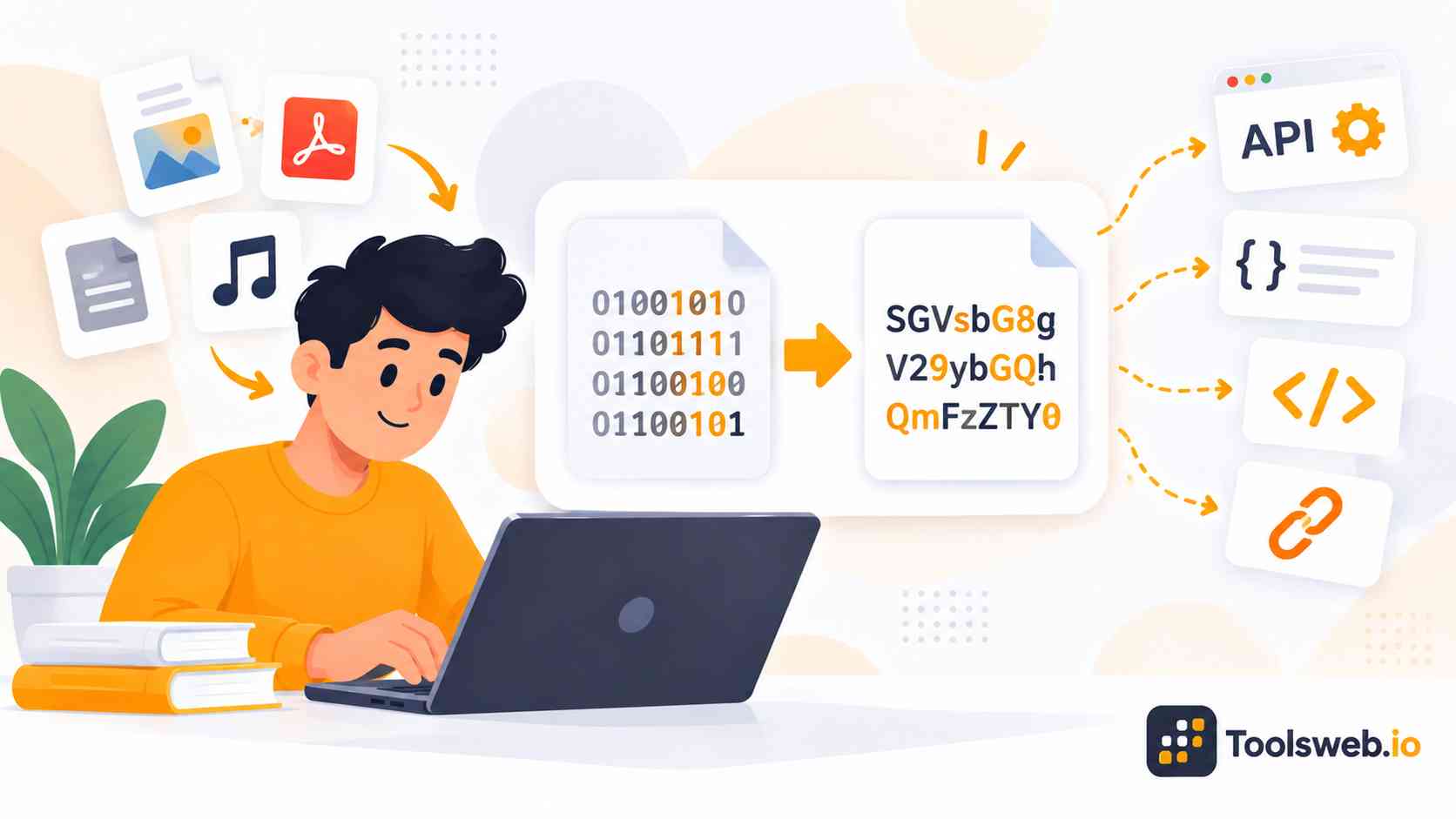 Base64 Encoder tool converting text, files, and binary data into Base64 encoded strings for APIs, web development, and data transfer.