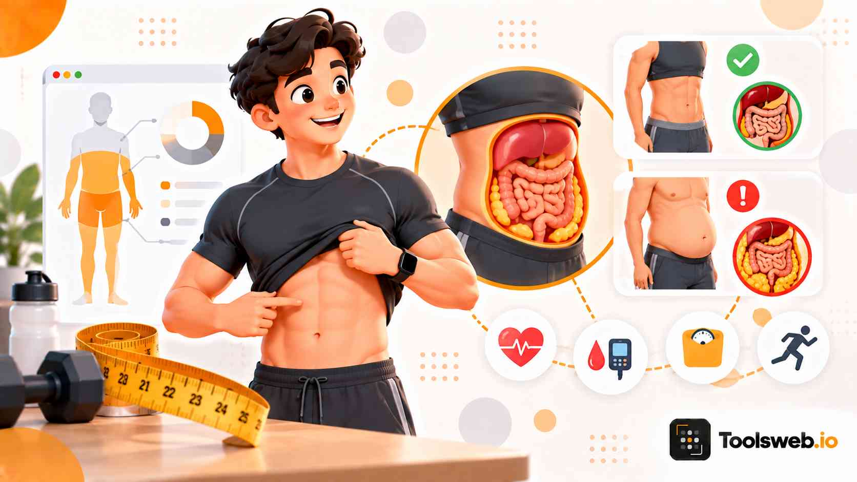 Body Fat Calculator showing body composition, abdominal fat, measurements, and fitness indicators.