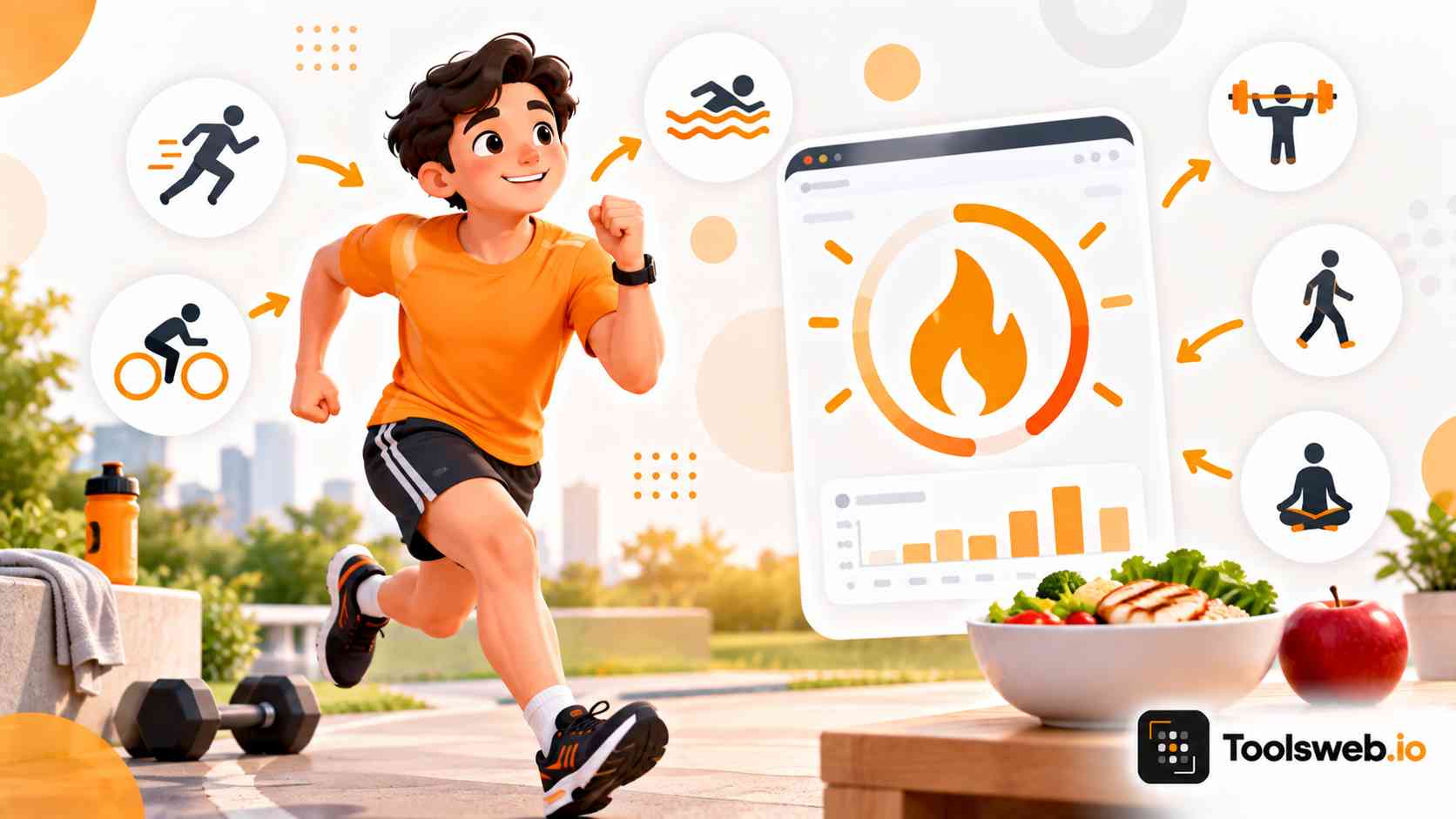Calories Burned Calculator: person exercising with fitness activities, calorie tracking, workout statistics, and healthy food.