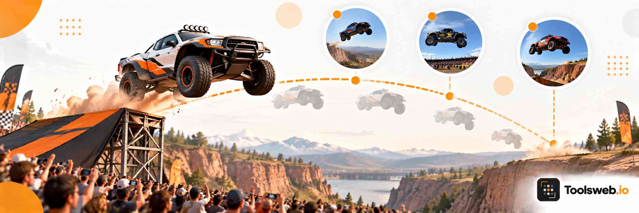 Car Jump Distance Calculator showing an off road vehicle in midair with a projected jump trajectory over a ramp.