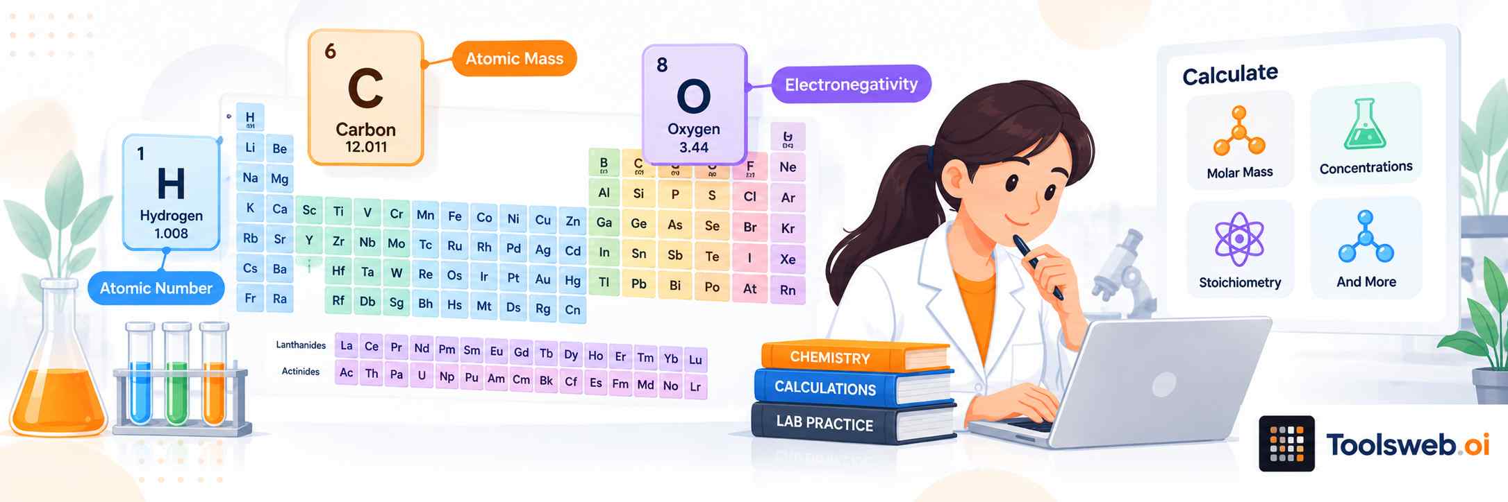 Chemistry Calculators with a periodic table showing atomic number, atomic mass, electronegativity, and chemistry calculation tools for lab and study use.