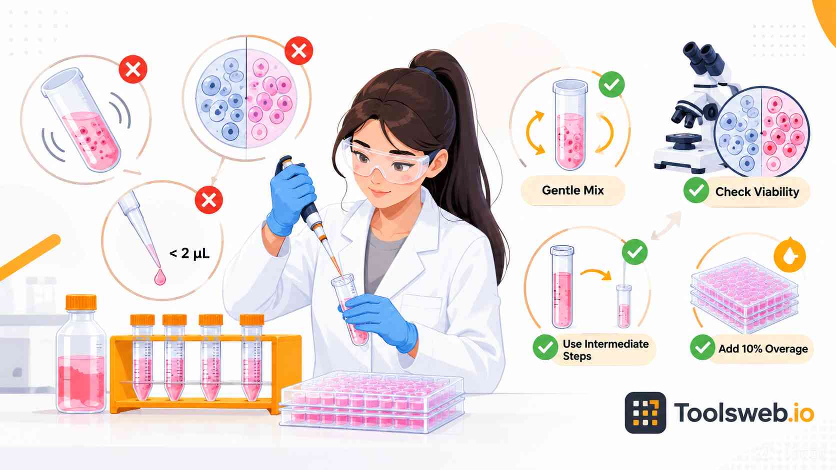 Cell Dilution Calculator for accurate cell concentration, dilution steps, mixing, viability checks, and cell culture preparation.