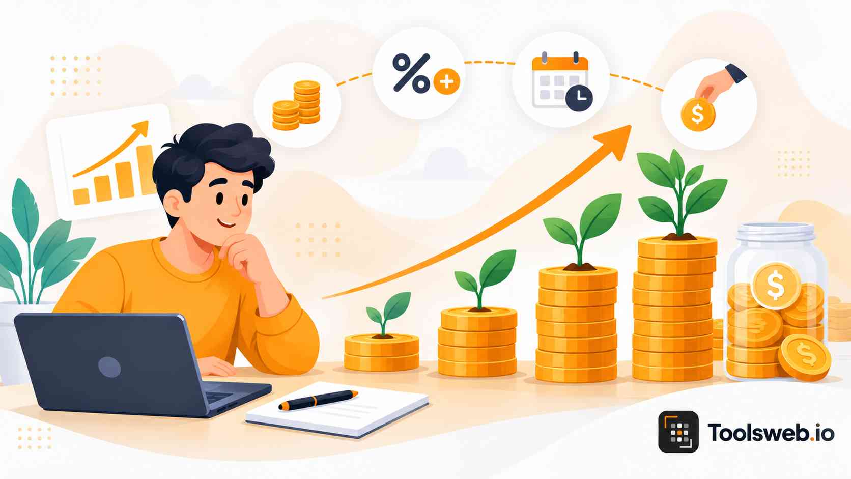 Compound Interest Calculator illustrating investment growth with compounding returns, increasing savings, and financial growth.
