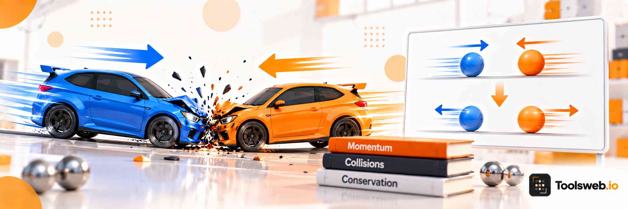 Conservation of Momentum Calculator showing two colliding cars, momentum vectors, and collision physics diagrams.