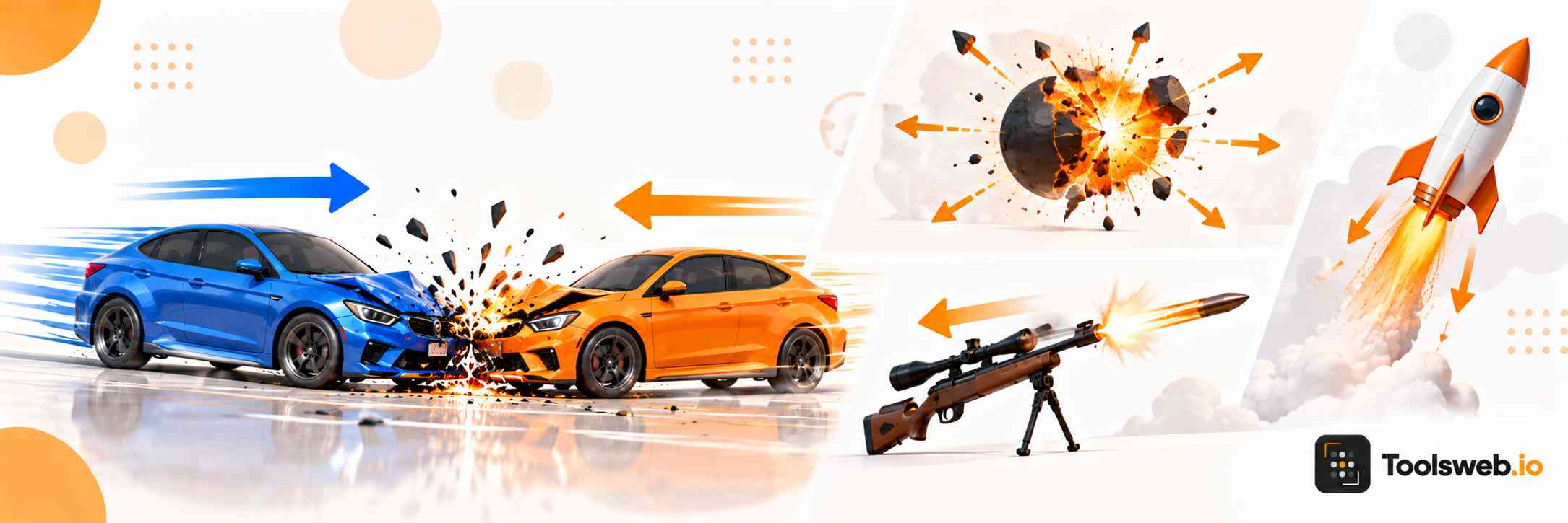 Conservation of momentum in collisions and explosions showing cars colliding, an explosion, projectile motion, and momentum vectors.