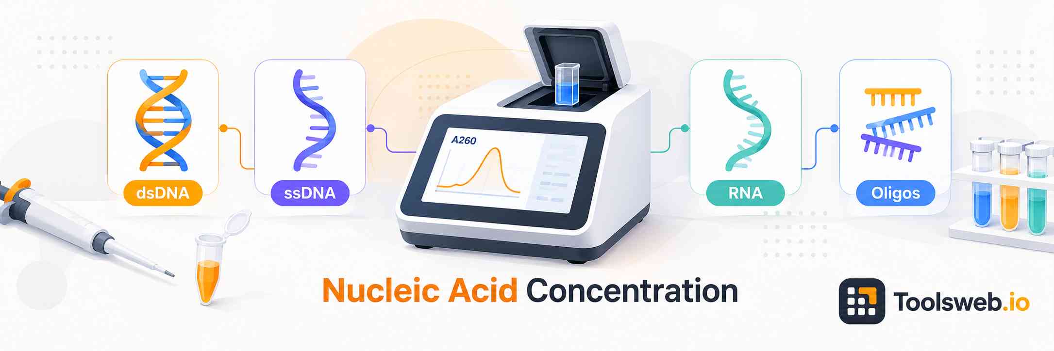DNA Concentration Calculator for measuring nucleic acid concentration in dsDNA, ssDNA, RNA, and oligo samples.