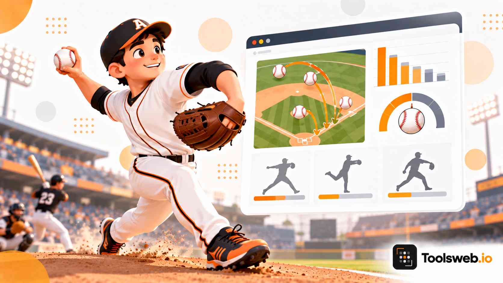 Earned Run Average (ERA) Calculator: baseball pitcher throwing a ball with a baseball field, pitching statistics, and performance charts.