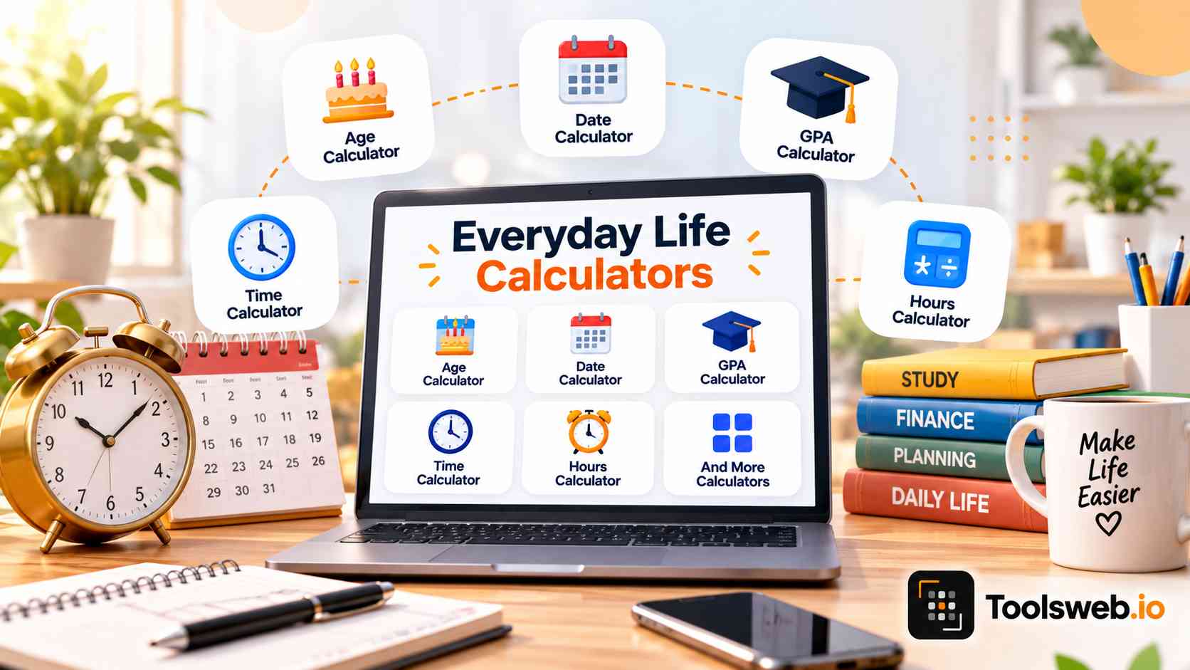 Everyday life calculators for age, date, GPA, time, and hours calculations displayed on a laptop.