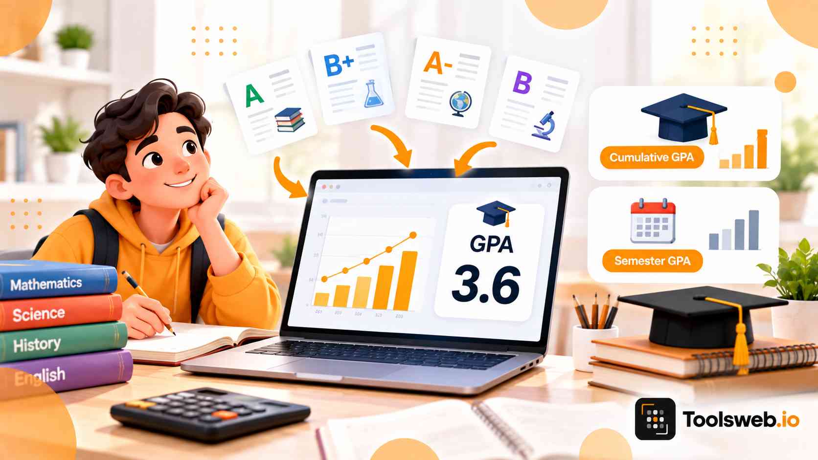 GPA Calculator showing a 3.6 GPA with grade cards, cumulative GPA, and semester GPA calculations.