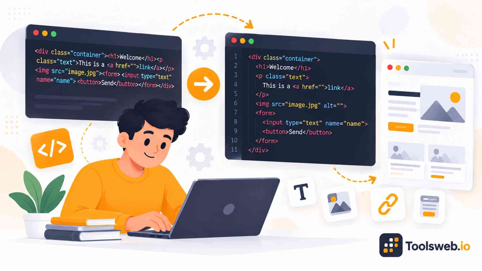 HTML Formatter showing unformatted HTML code being transformed into a clean, structured, and readable format for easier editing and debugging.