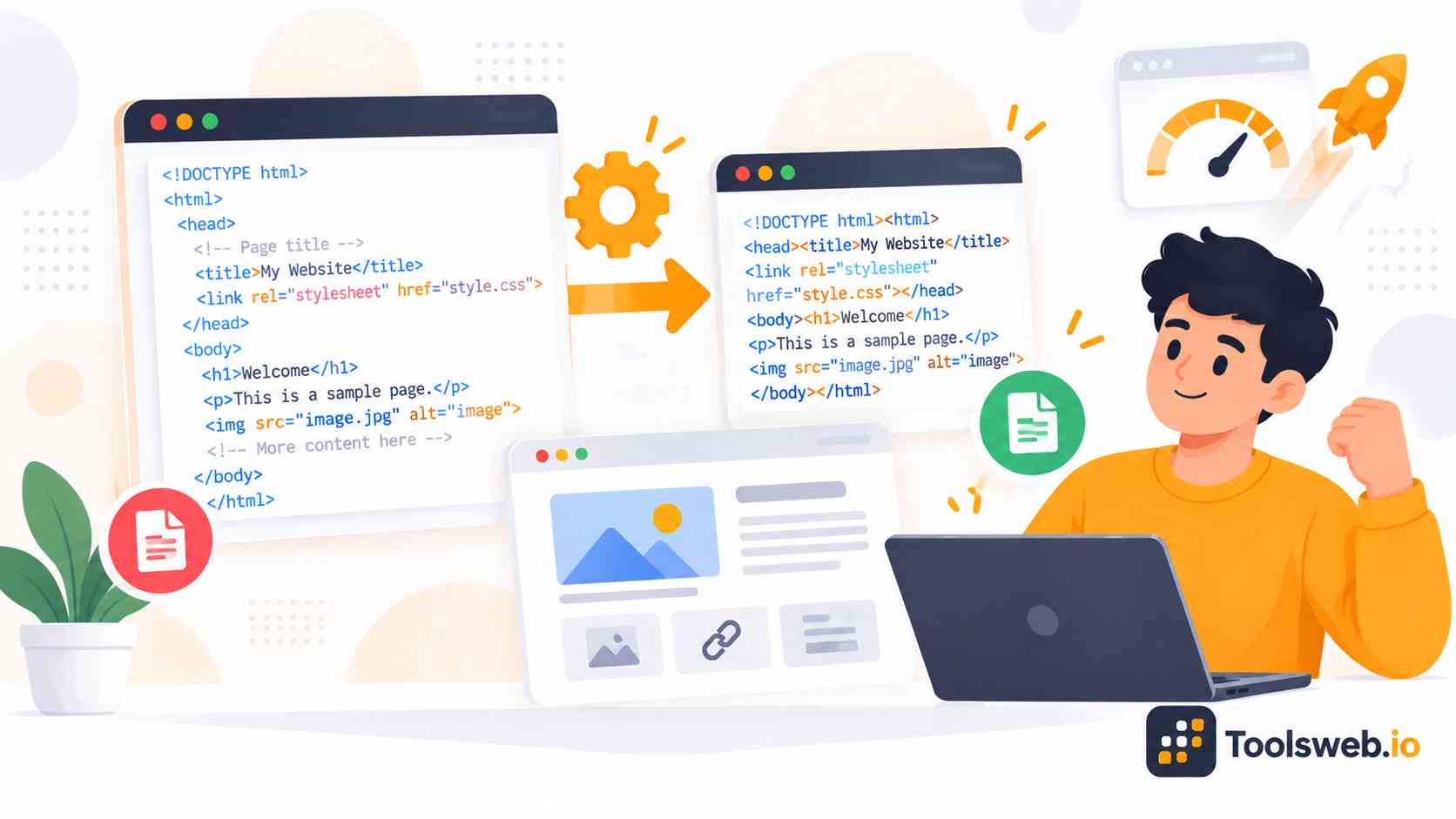 HTML Minifier tool showing HTML code being compressed into smaller, optimized code for faster website performance.