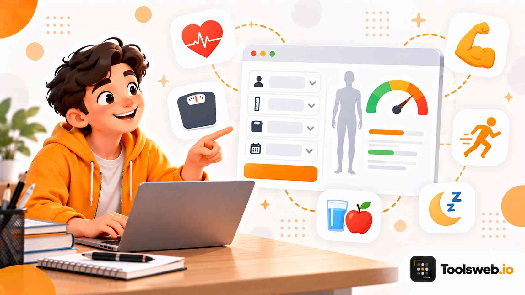 Health Calculators showing a health dashboard with body measurements, weight, fitness, nutrition, and sleep tracking.