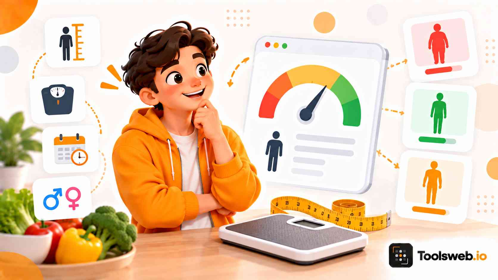 Ideal Weight Calculator showing height, weight, age, gender, body measurements, and healthy weight ranges.