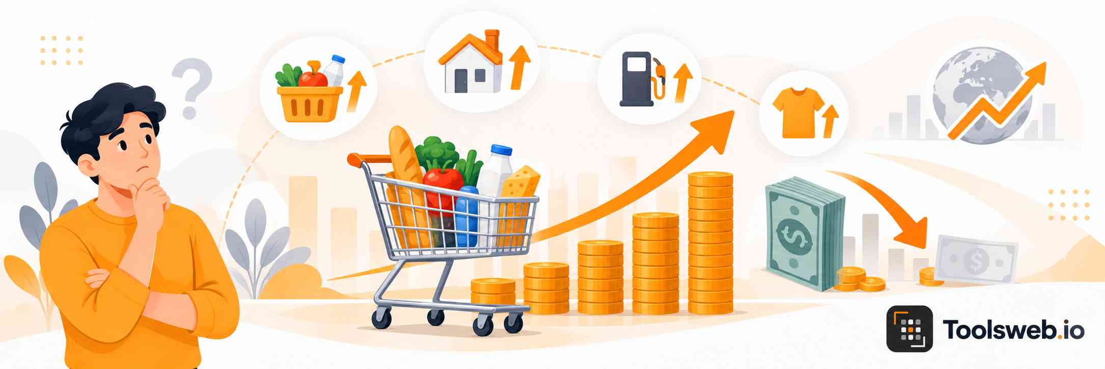 Inflation Calculator showing rising prices, purchasing power, consumer goods, currency values, and economic inflation trends.