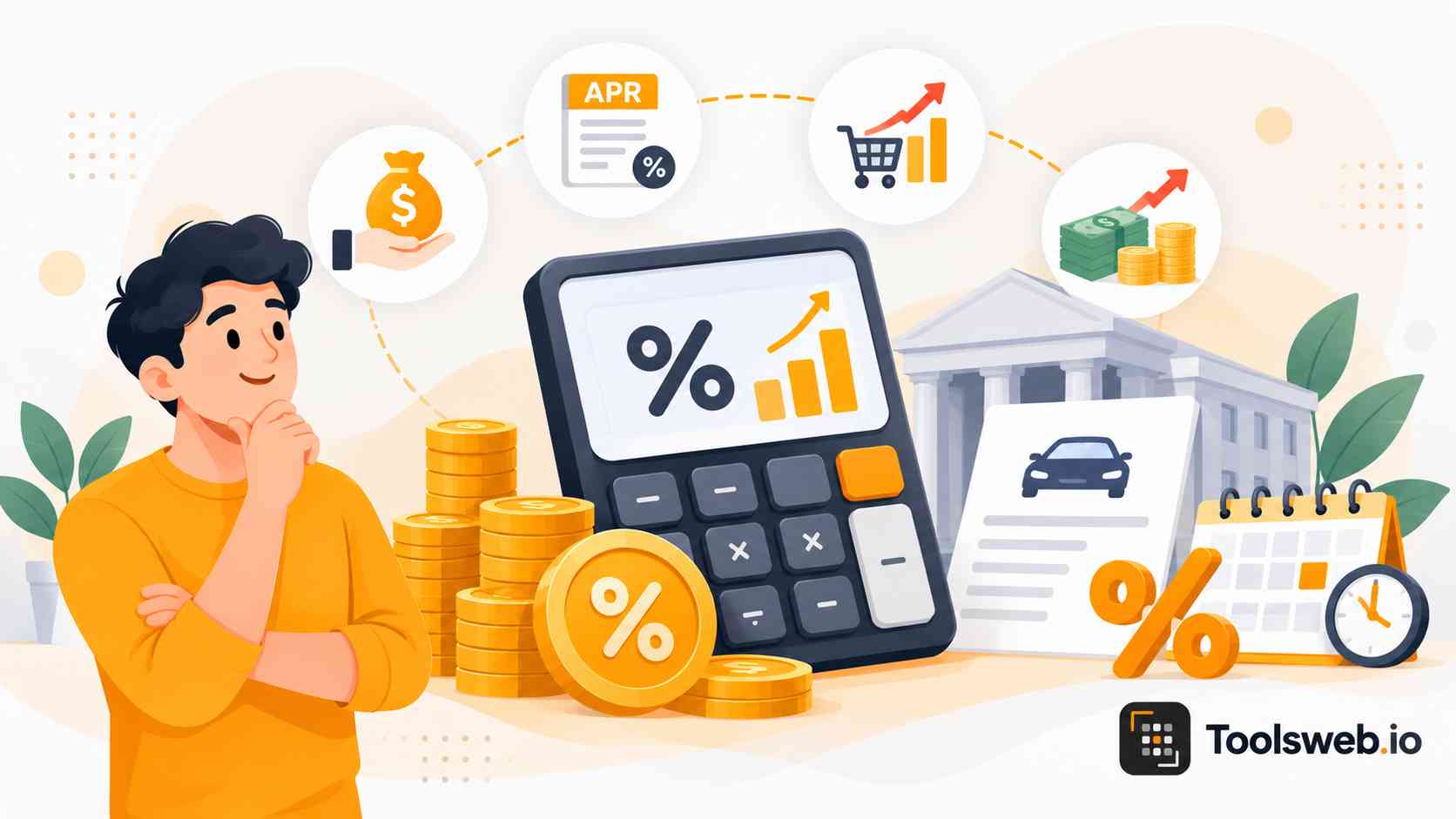 Interest Rate Calculator showing interest rates, loan payments, percentage calculations, and financial growth.