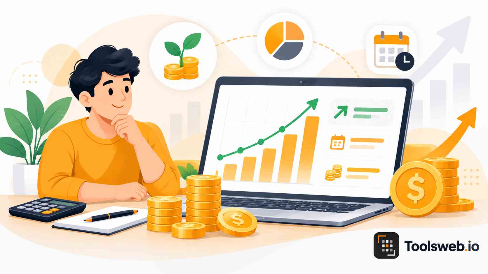 Investment Return Calculator showing investment growth, returns, savings, and projected financial gains.