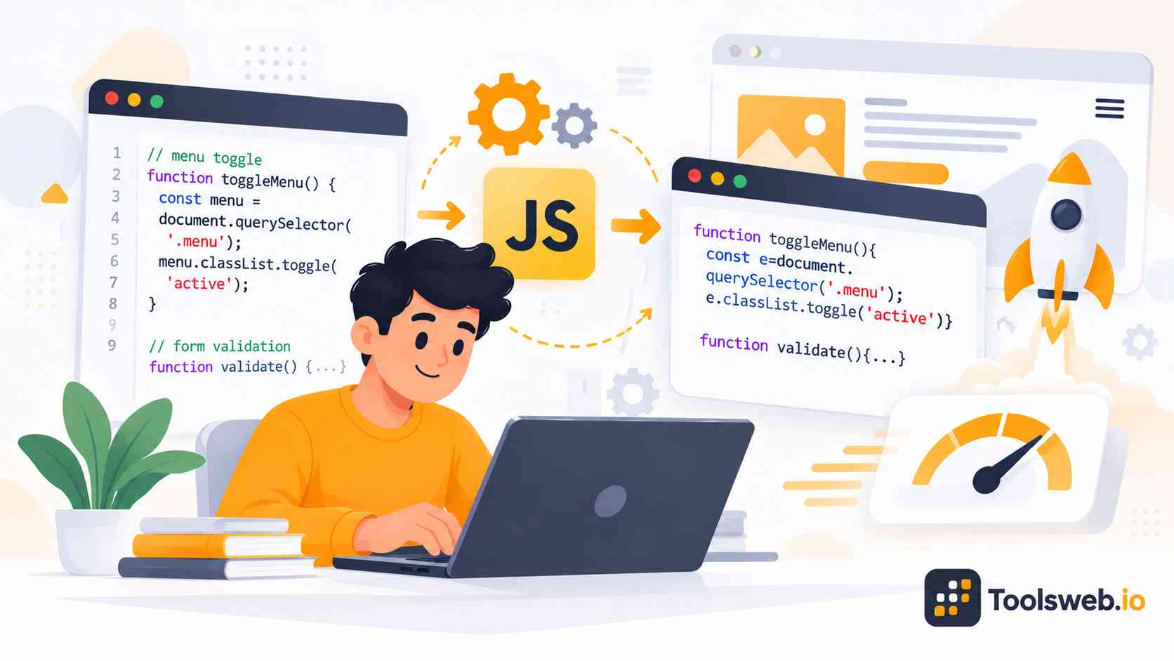 JS Minifier tool showing JavaScript code being compressed into smaller, optimized code for faster website performance.