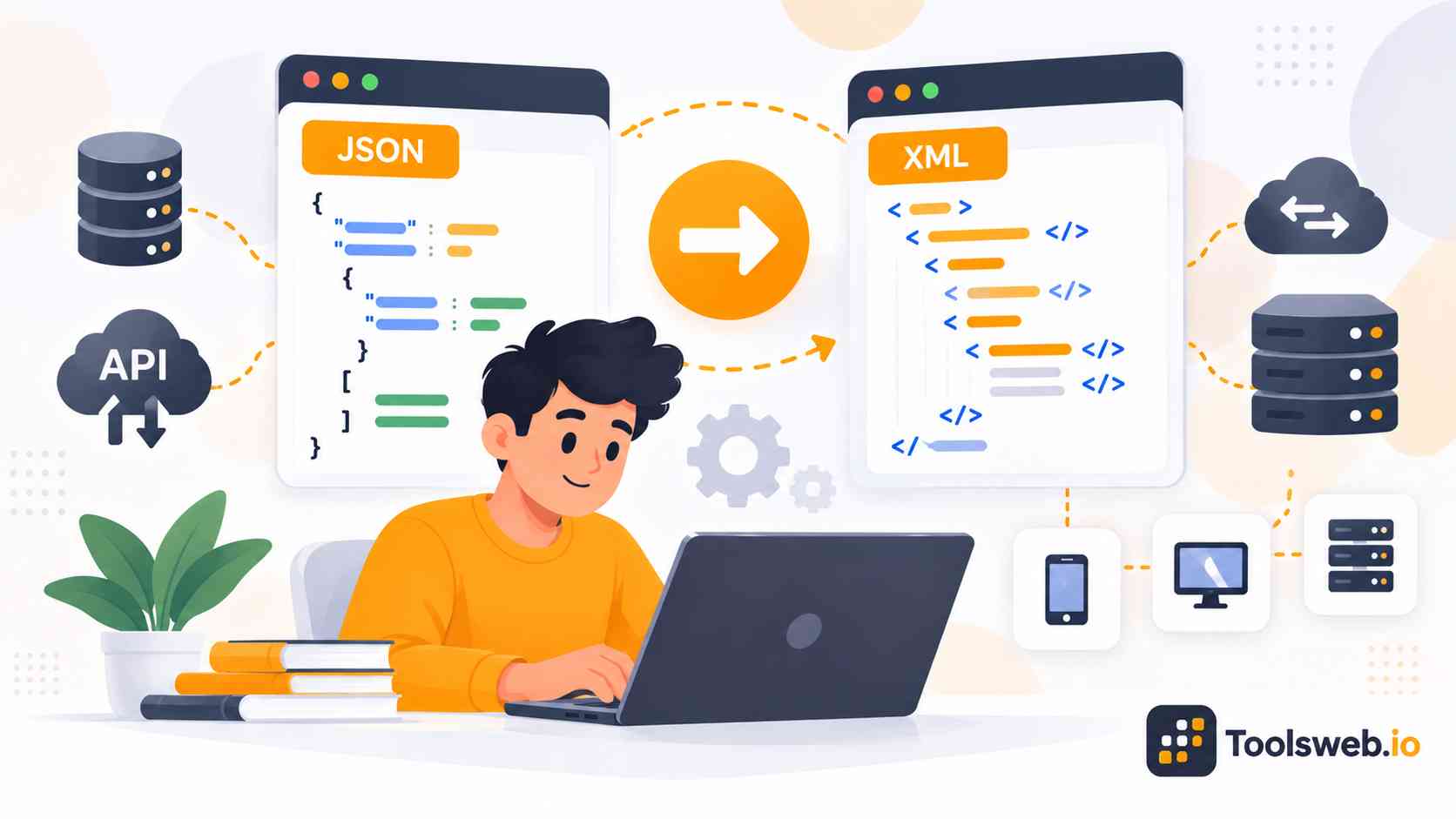 JSON to XML converter showing JSON data being transformed into structured XML format for APIs and data exchange.