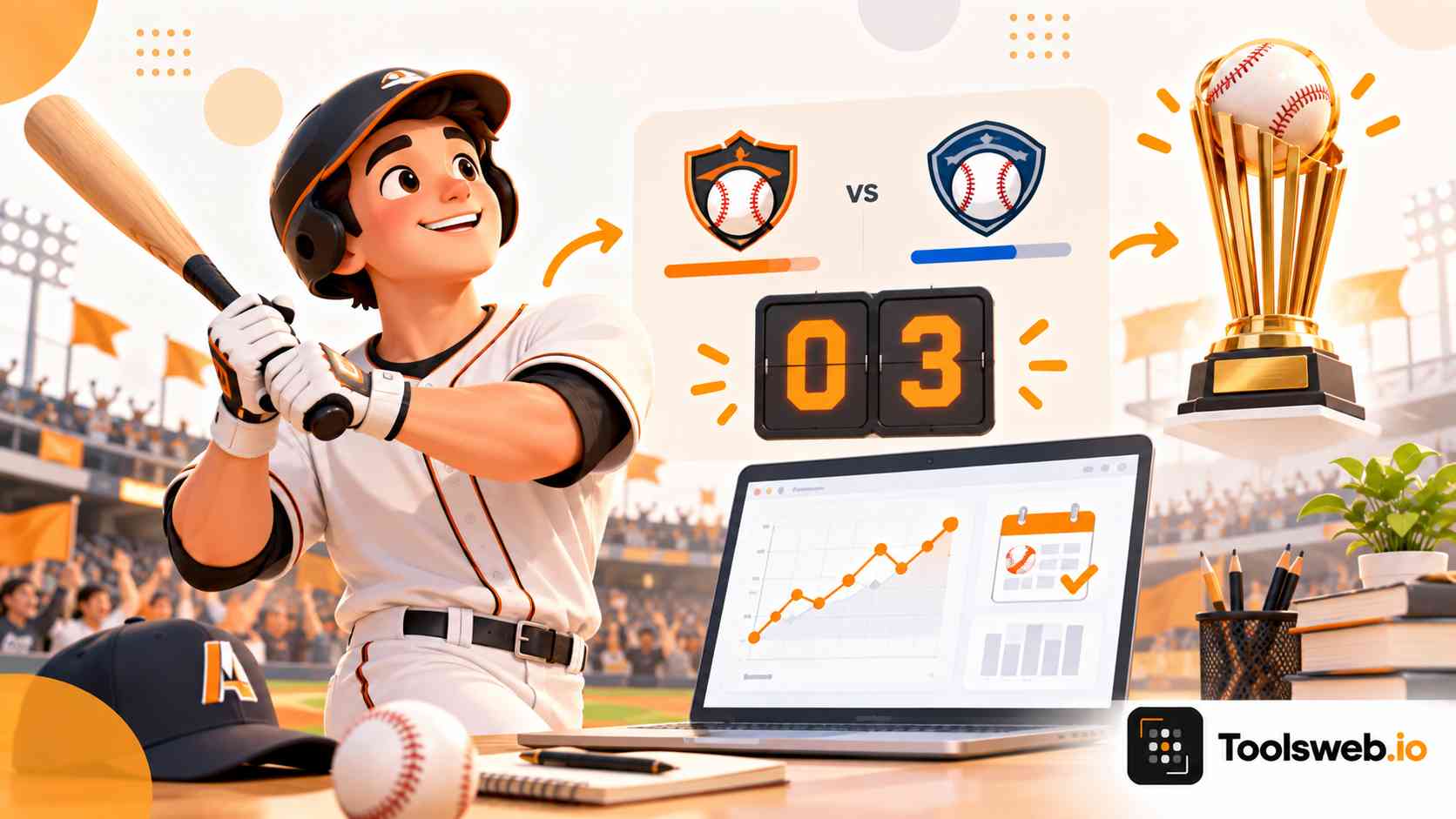 Magic Number Calculator featuring a baseball player, team score comparison, trophy, and sports statistics displayed on a laptop.