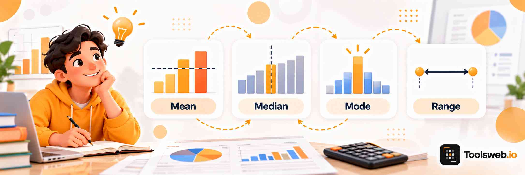 Mean Median Mode Range Calculator showing a student analyzing data with visual charts for mean, median, mode, and range.