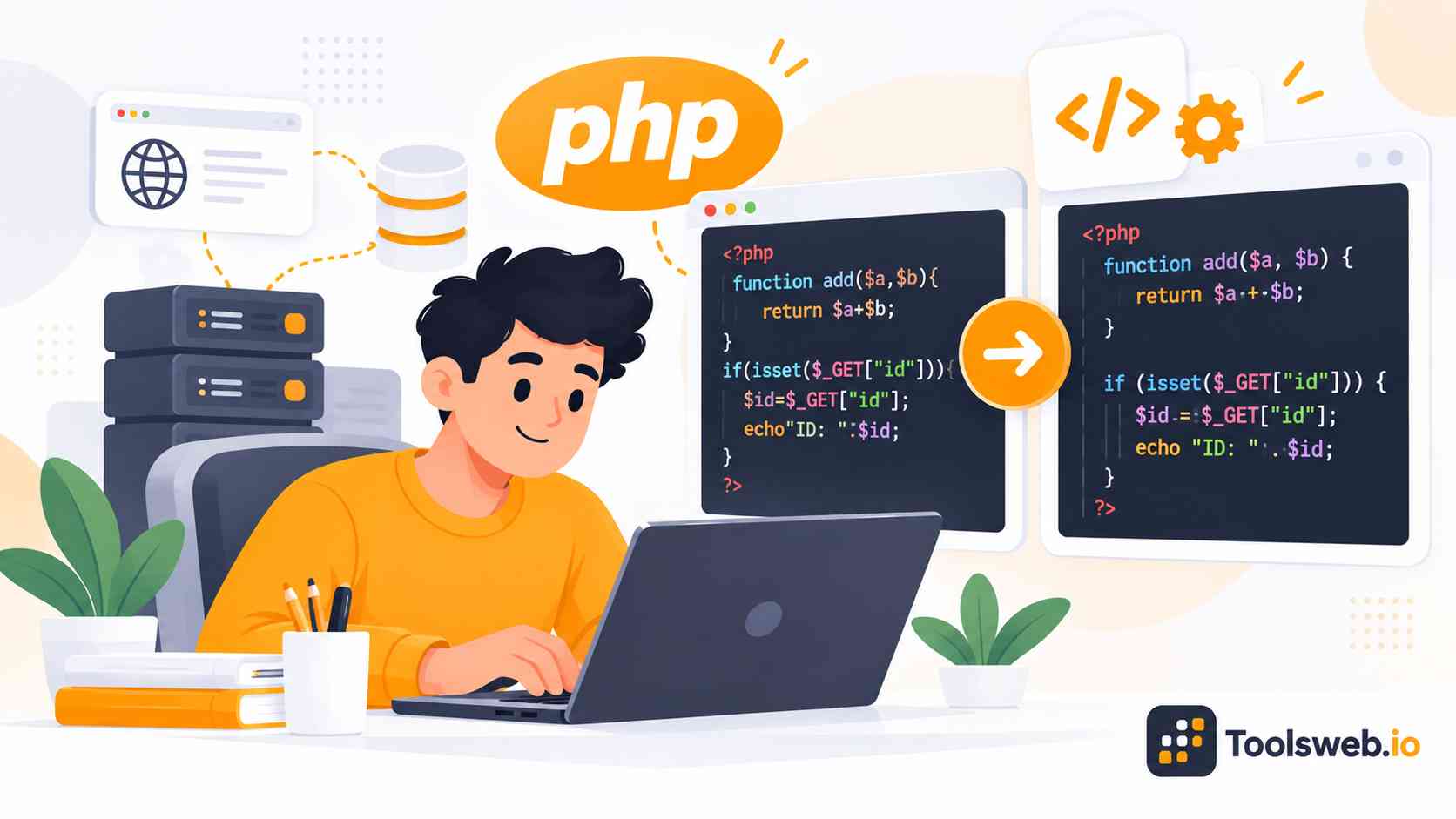 PHP Formatter showing PHP code being automatically formatted and cleaned into a consistent, readable structure for easier development and maintenance.