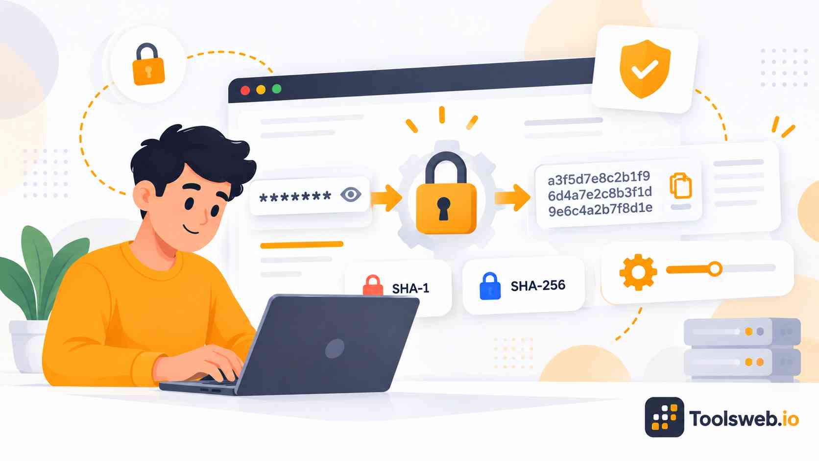 Password Encryption Utility illustration showing a password being processed through encryption with SHA 1 and SHA 256 hashing options, security locks, and generated encrypted values.