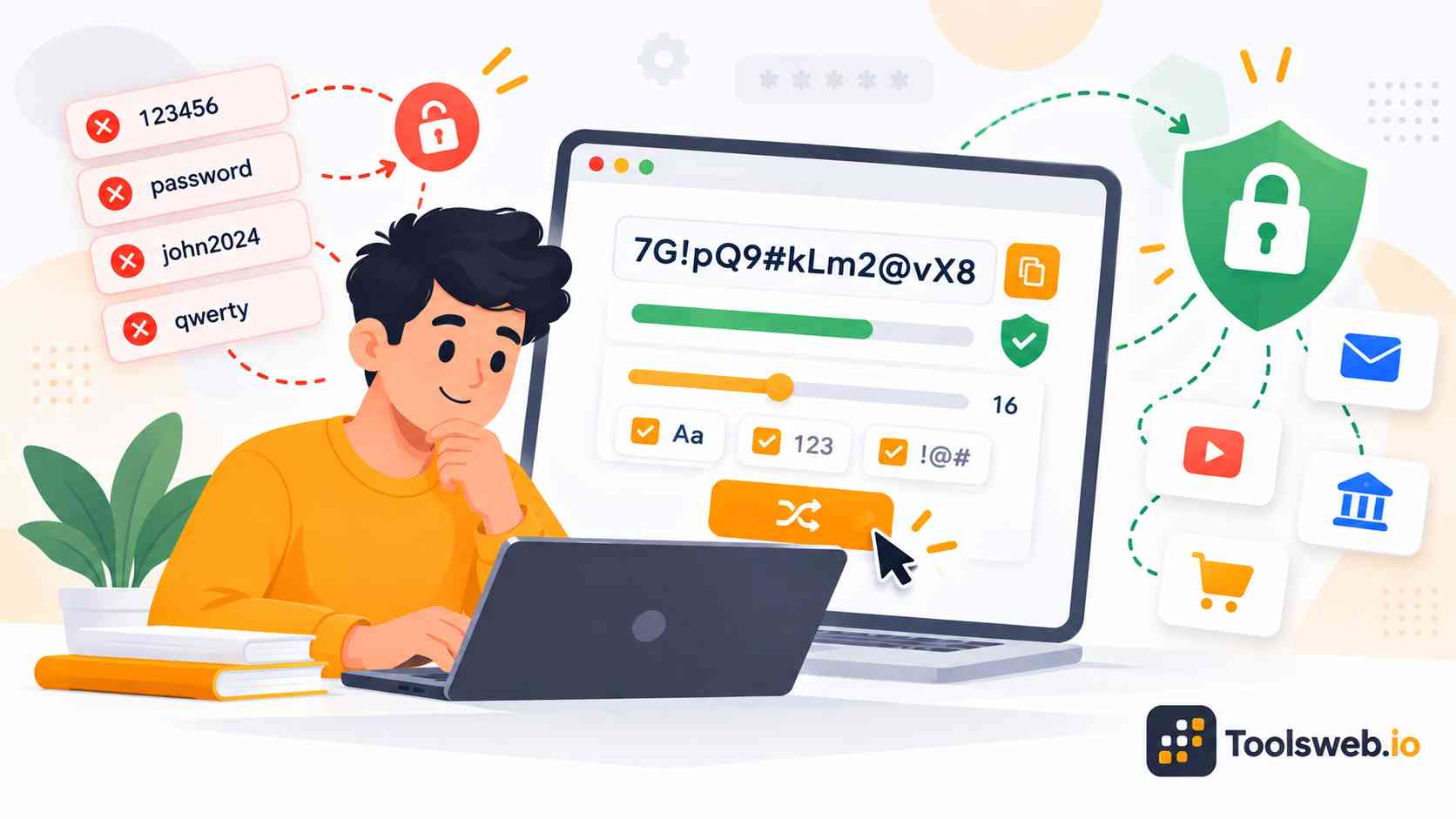 Password Generator creating a strong, secure password with customizable length, numbers, letters, and special characters.