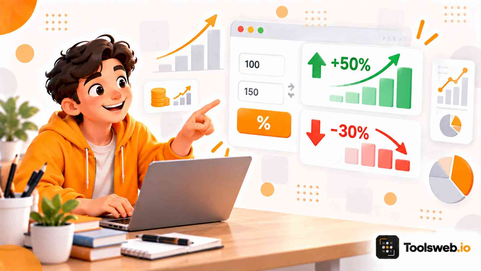 Percentage change calculator showing increases and decreases with percentage values, bar charts, and calculation inputs.