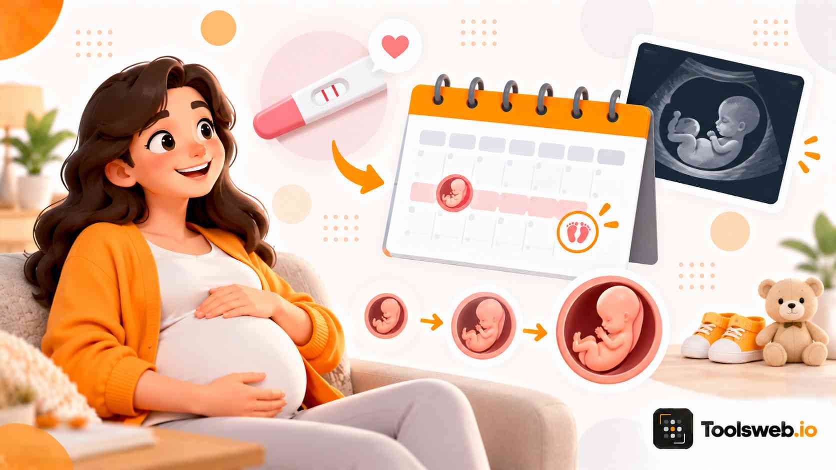 Pregnancy Calculator showing pregnancy timeline, fetal development stages, due date, and ultrasound imagery.