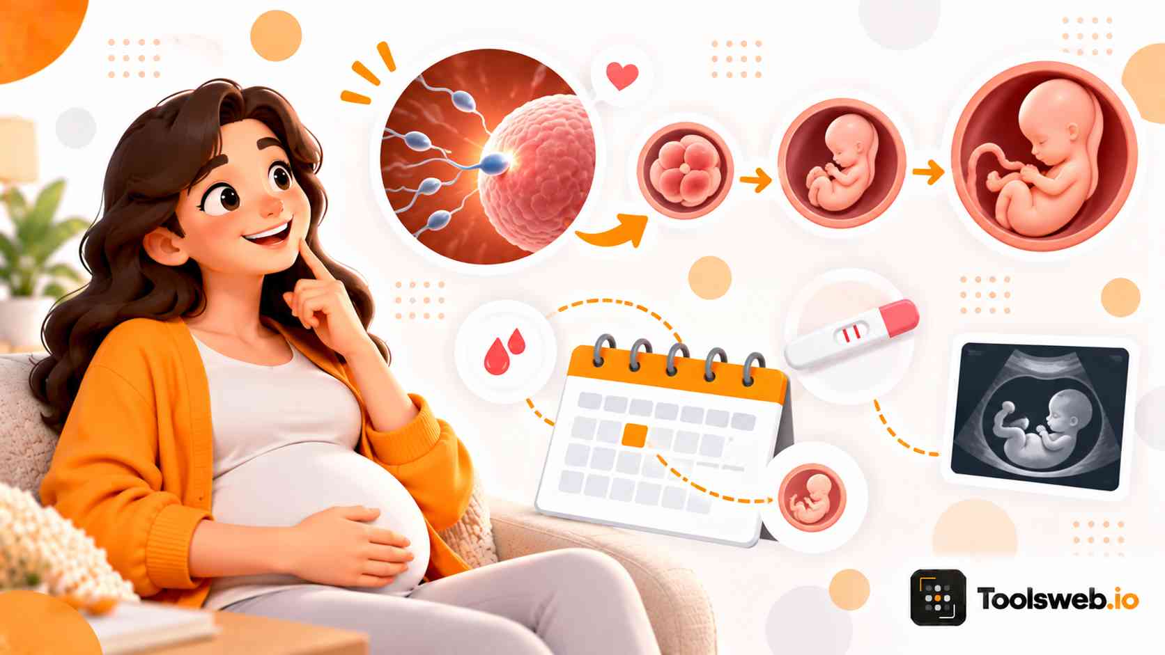Pregnancy Conception Calculator showing estimated conception timing using pregnancy dates, a calendar, ultrasound, and pregnancy timeline.