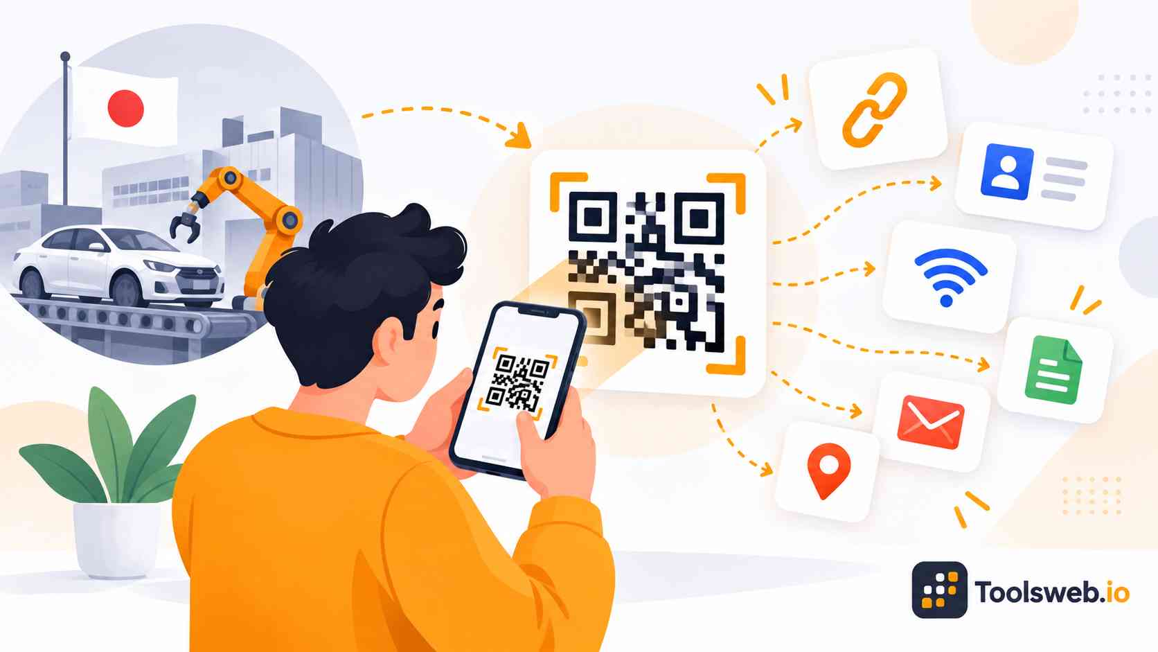 QR Code Generator for creating scannable QR codes for links, contact details, WiFi, email, and locations