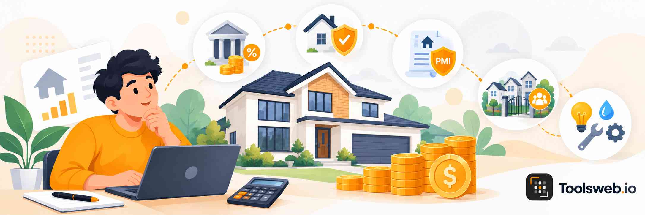 Recurring Costs illustration showing a homeowner reviewing ongoing housing expenses, mortgage payments, insurance, utilities, and other regular costs.