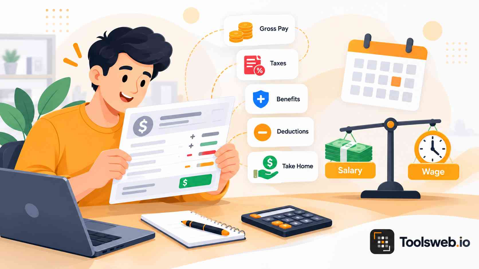 Salary Calculator showing gross pay, taxes, benefits, deductions, take home pay, salary, and wage calculations.