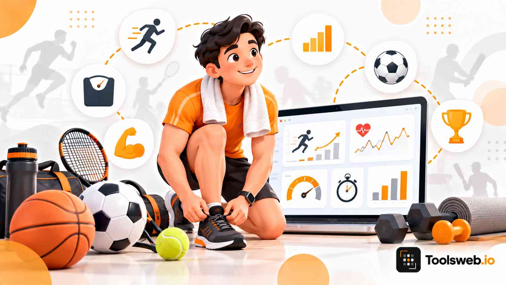Sports Calculators featuring an athlete, sports equipment, performance charts, fitness metrics, and sports data analysis on a laptop.