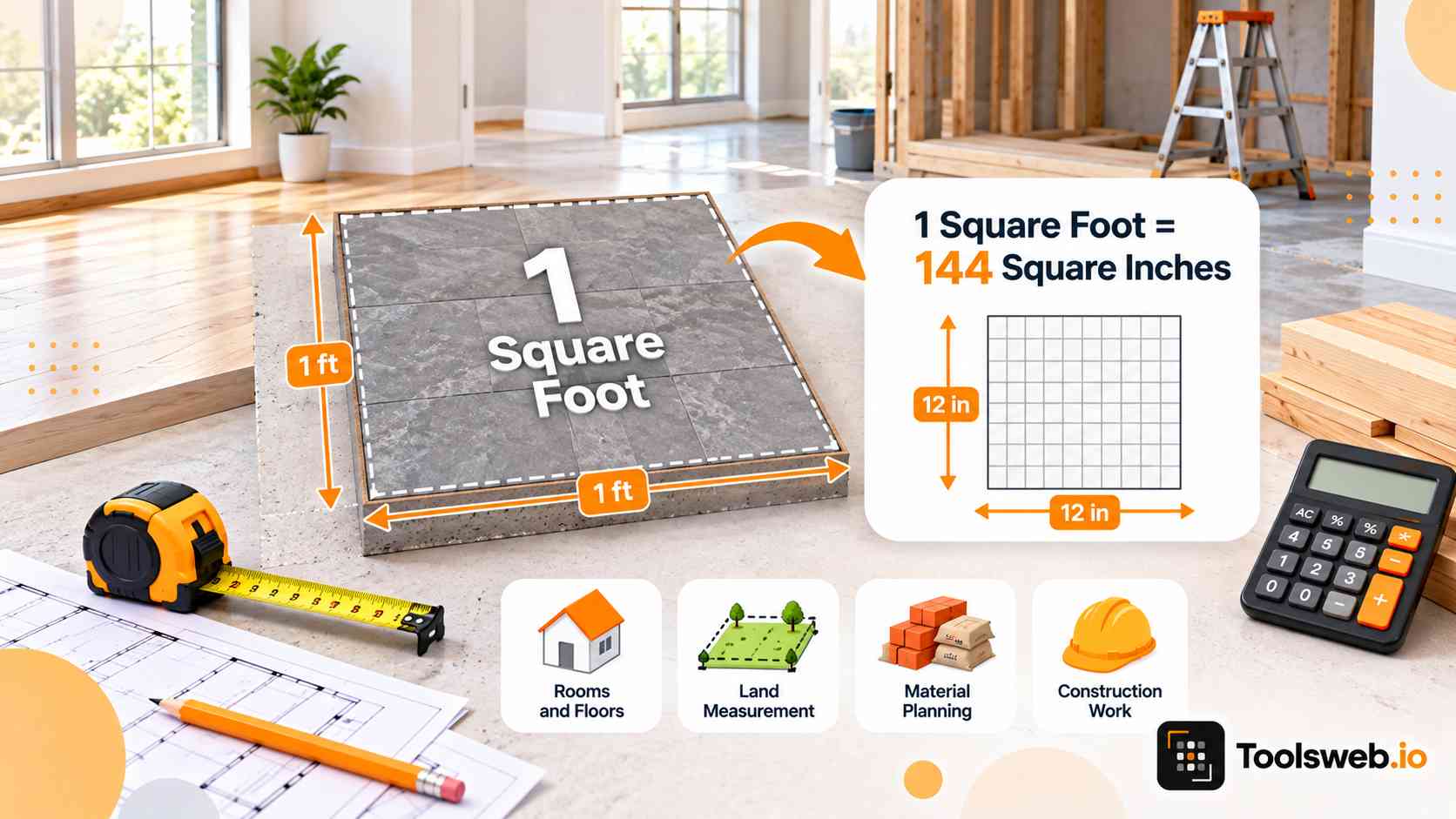 Square footage calculator for measuring rooms, floors, land areas, material planning, and construction projects.