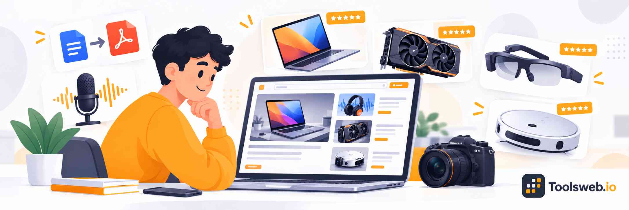 Technology News and Product Reviews featuring Toolsweb.io, with a laptop displaying tech products, including graphics cards, smart glasses, cameras, and robot vacuums, alongside a person exploring technology content.
