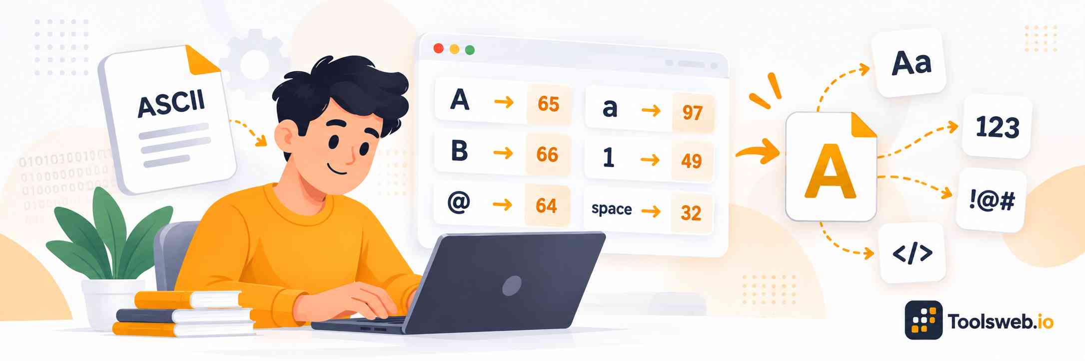 Text to ASCII Converter showing characters, ASCII decimal values, symbols, spaces, and character code conversion.