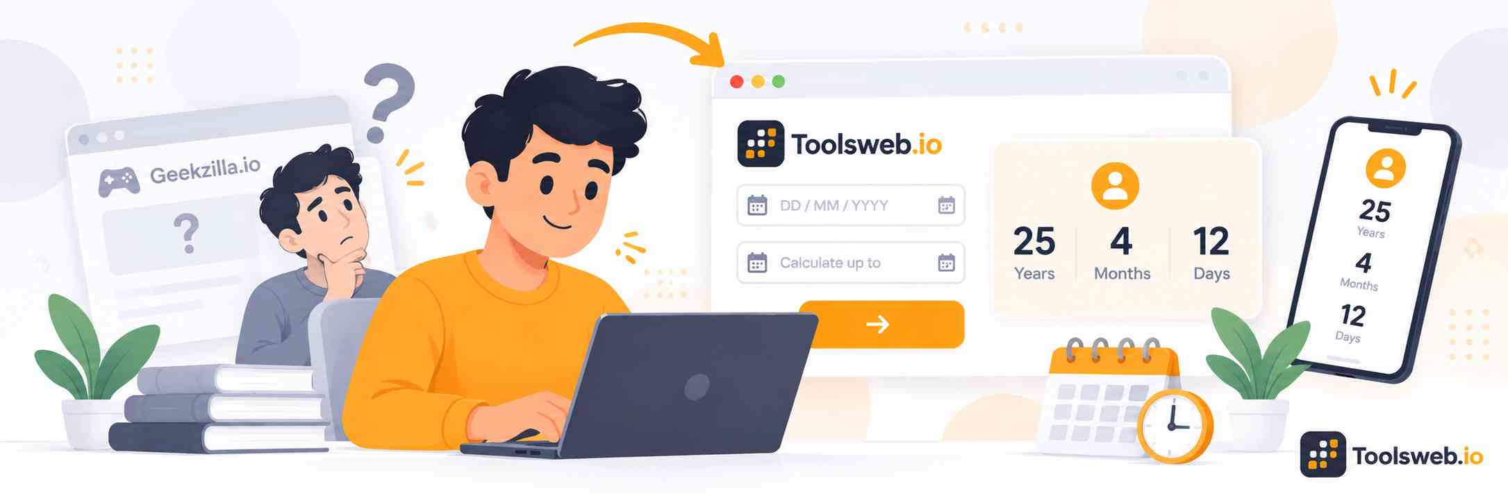 Toolsweb.io as an Alternative for Age Calculation, showing an online age calculator interface, age results in years, months, and days, and a comparison with Geekzilla.io.