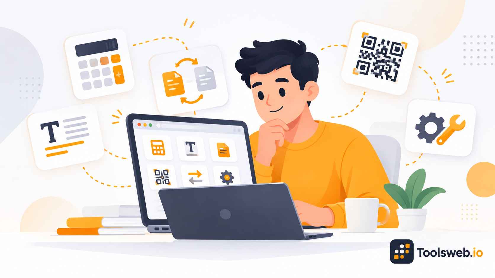 Utility Tools illustration showing a person using a laptop with calculator, text, document, QR code, conversion, and settings tools.