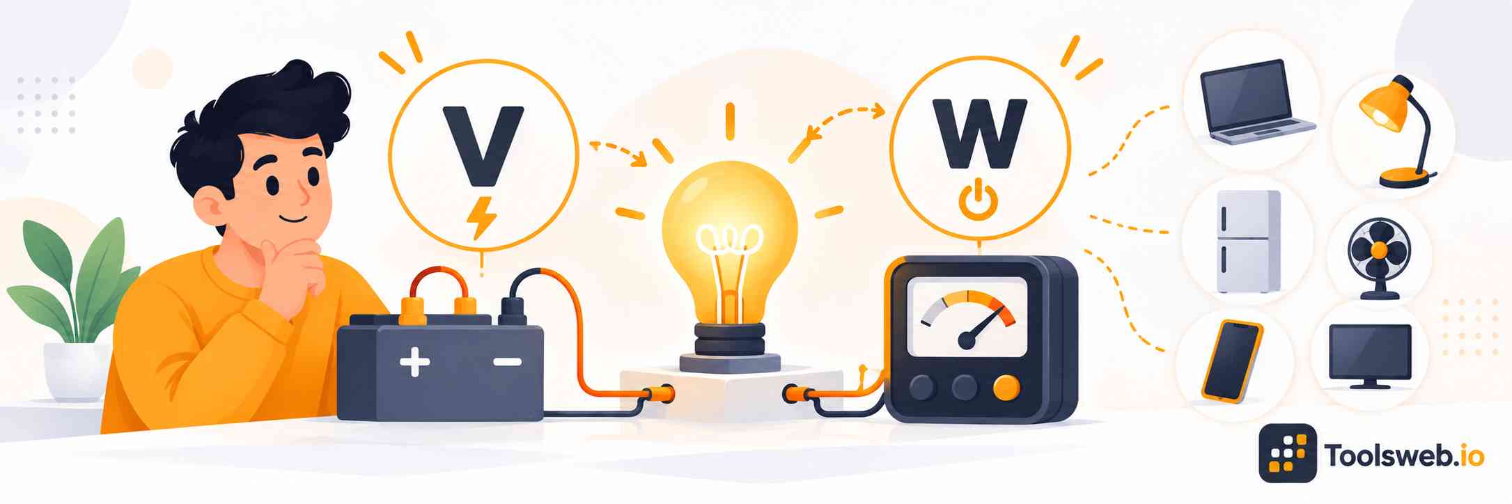 Volts to Watts Converter showing electrical voltage and power conversion with a battery, light bulb, watt meter, and household appliances.
