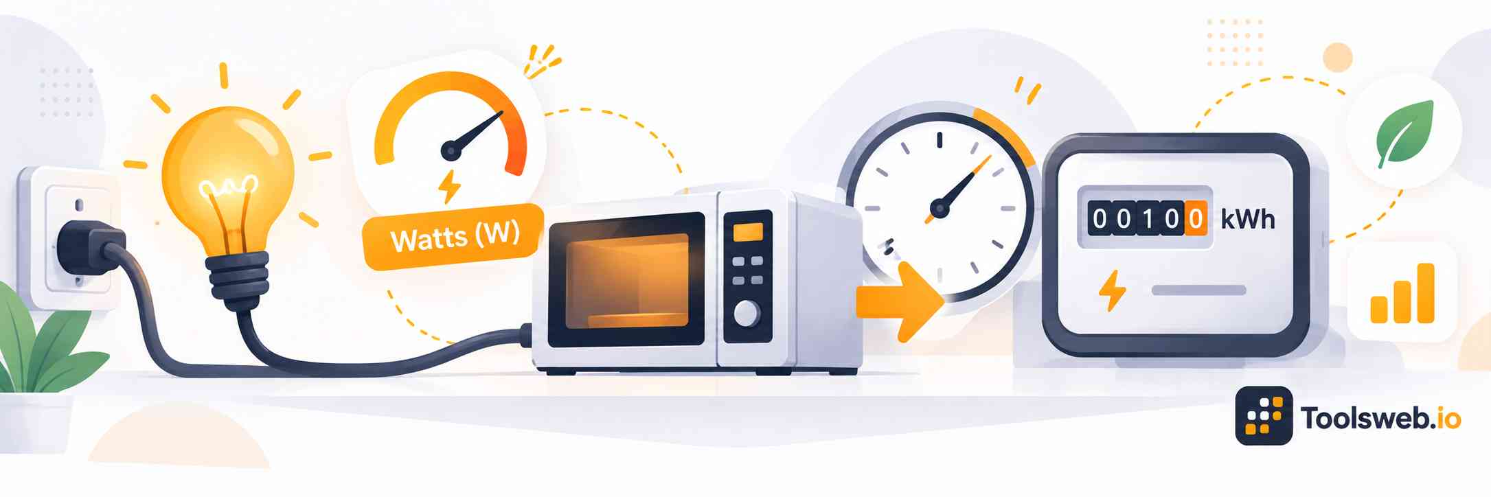Watts to kWh Converter showing electrical energy conversion from watts to kilowatt hours using household appliances and an energy meter.