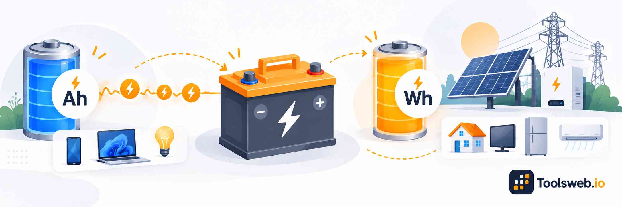 Wh to Ah Converter showing battery energy conversion from watt hours to amp hours for electronic devices and solar power systems.